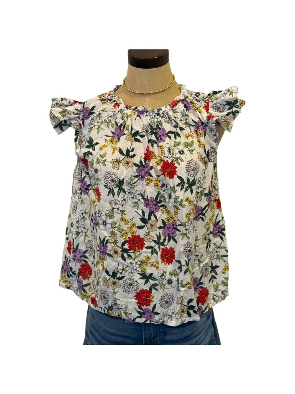 THML Floral Ruffle Sleeve Loose Fit Casual Top Shirt Blouse Summer S